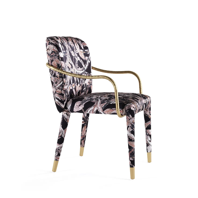 Patterned Fabric Upholstered Dining Armchair Textured Gold Metal Frame Leg Caps