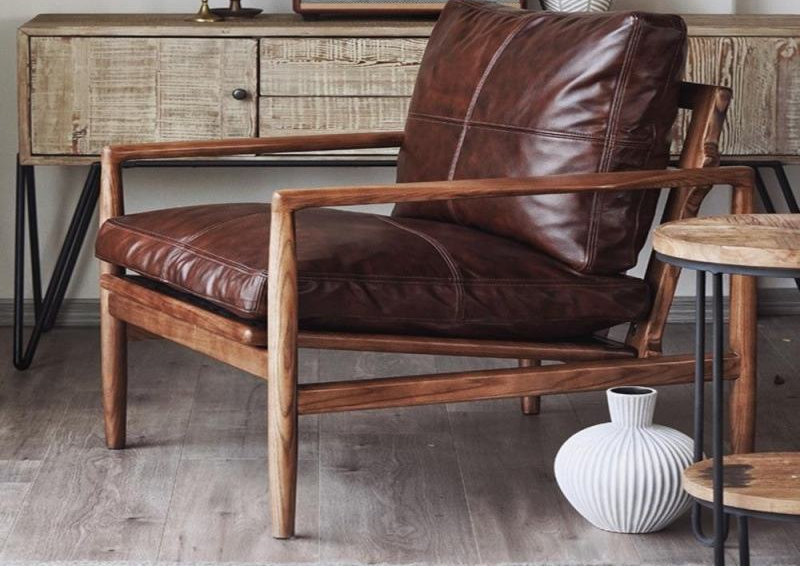 Contemporary Solid Wood Leather Lounge Armchair