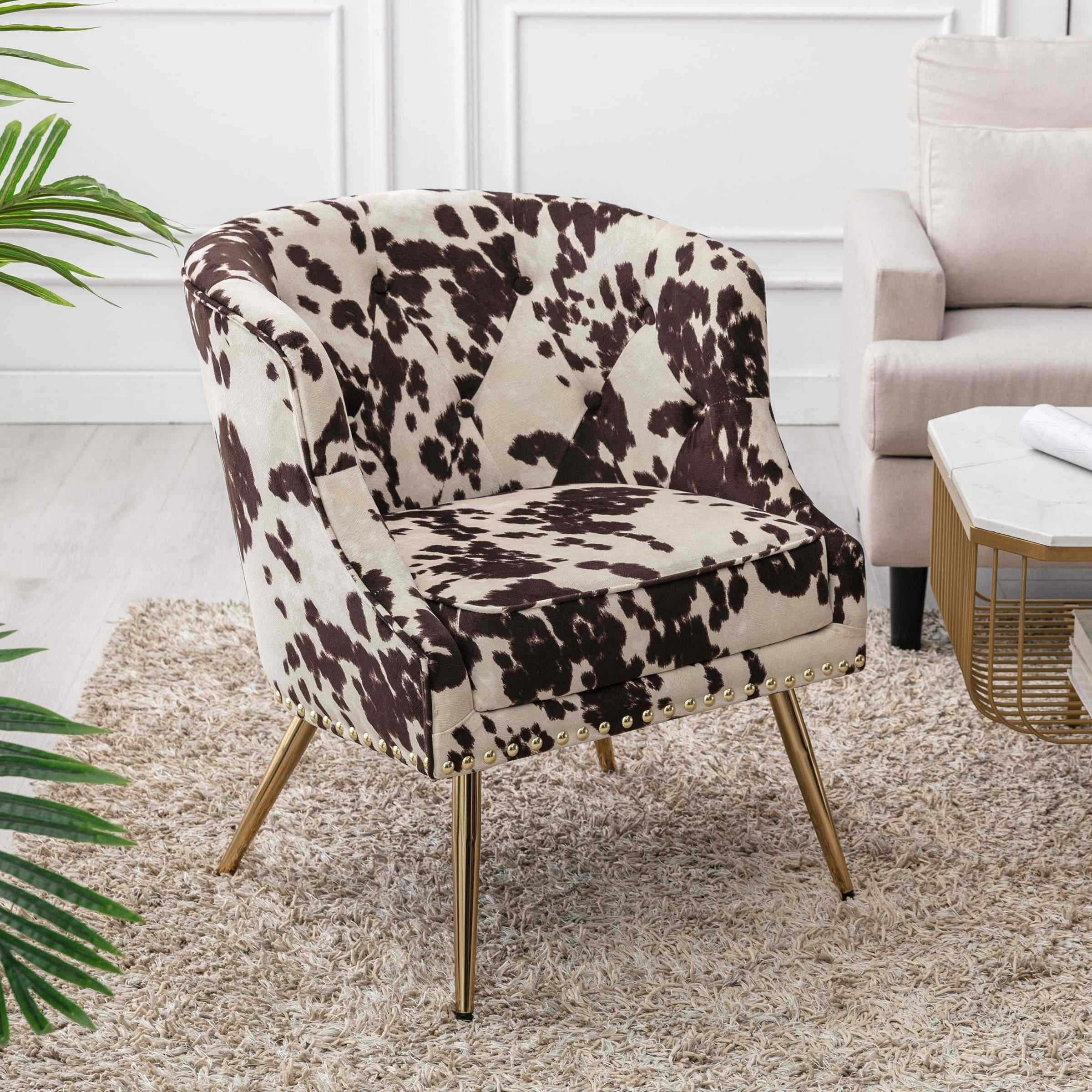 Midcentury Cow Print Polyester Accent Lounge Chair with Gold Metal Legs