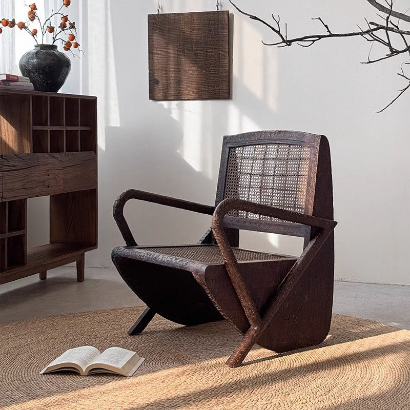 Dark Wood Cane Lounge Chair with Arms, Vintage Rattan Accent Chair
