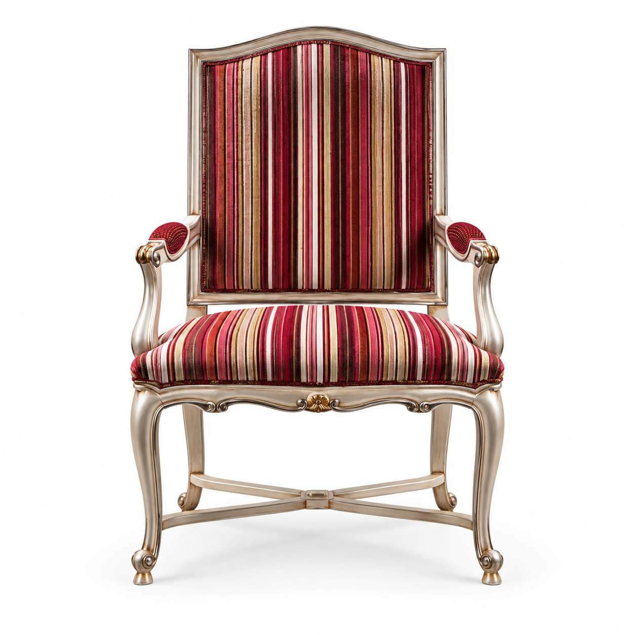 French Vintage Striped Accent Armchair High Back Silver Wood Dining Chair