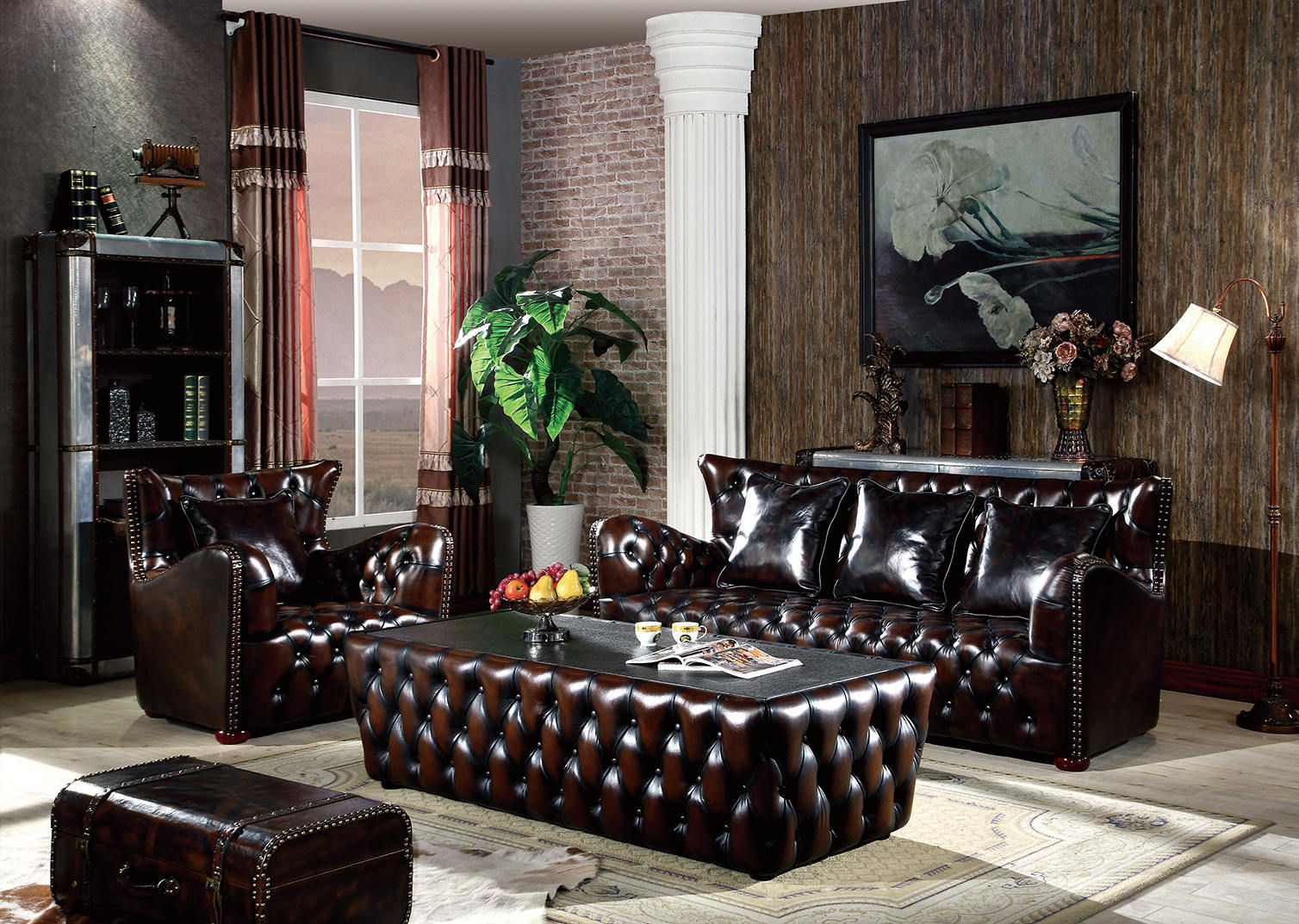 Retro Nubuck Leather Tufted Sofa Set