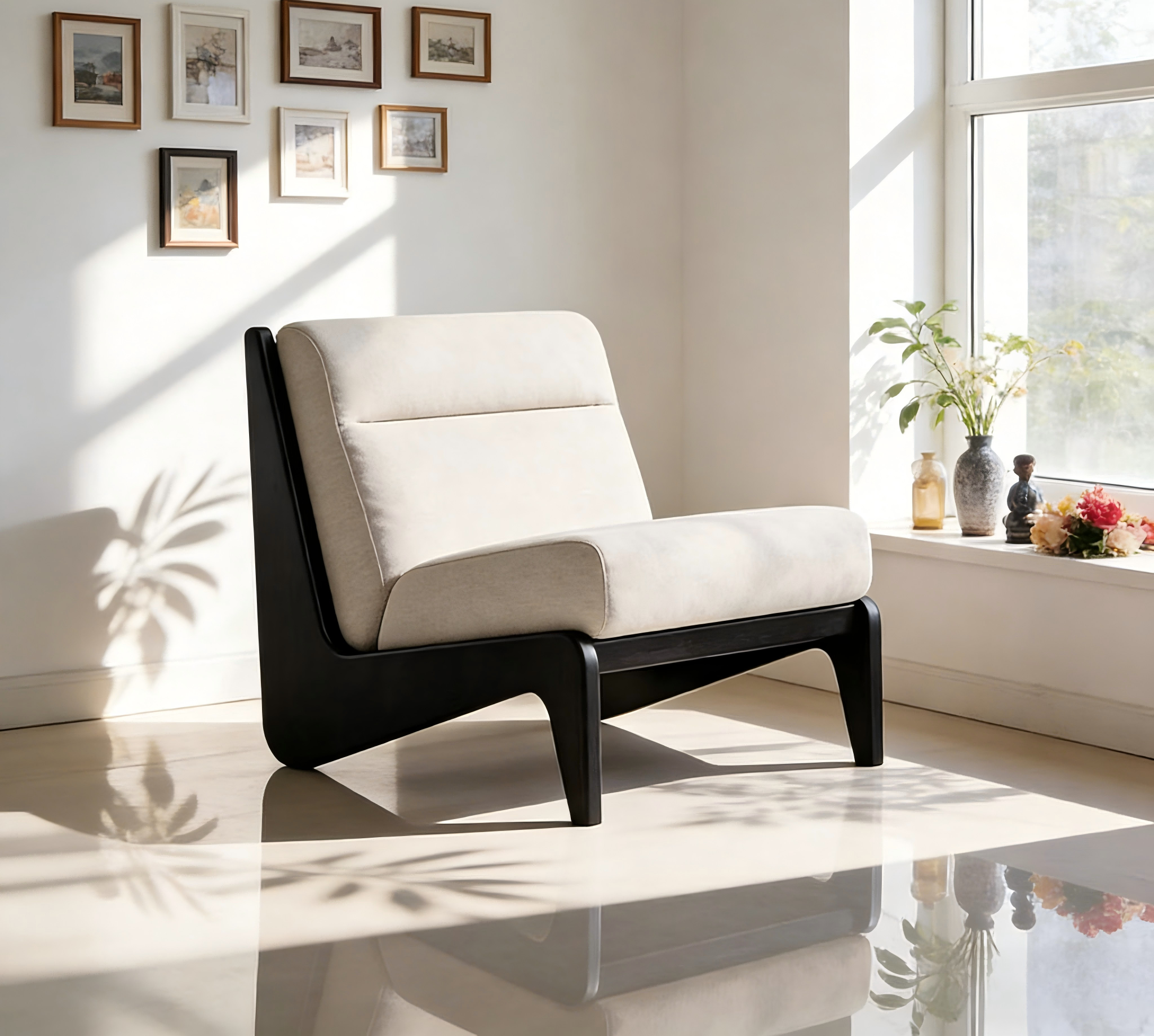 Cream Fabric Lounge Chair, Black Wood Frame Modern Accent Chair