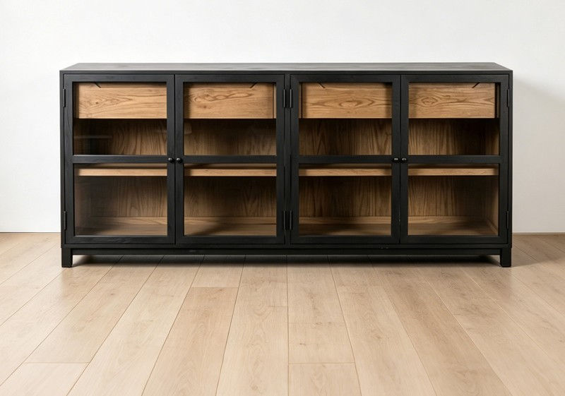 Glass-Door Black Credenza with Drawers