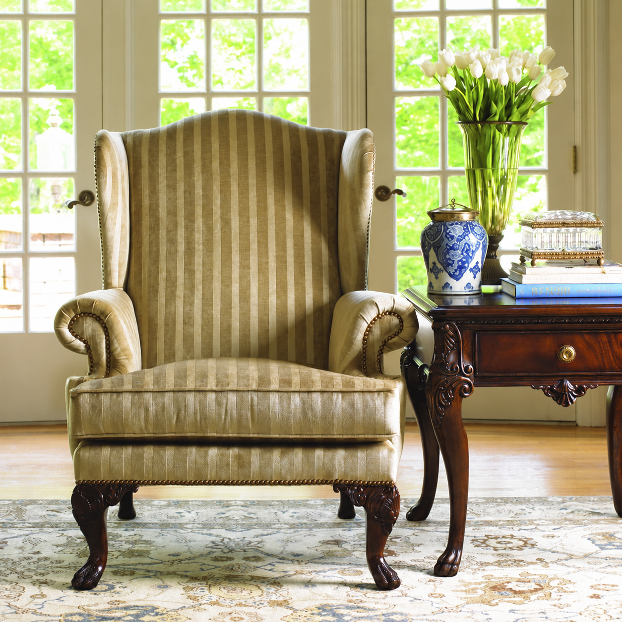 Wingback Armchair, Striped Upholstered Solid Wood Chair for Living Room