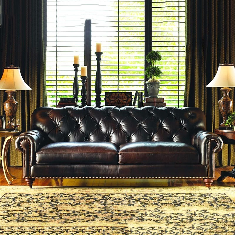 Three Seater Genuine Leather Sofa, Tufted Brown Couch for Living Room