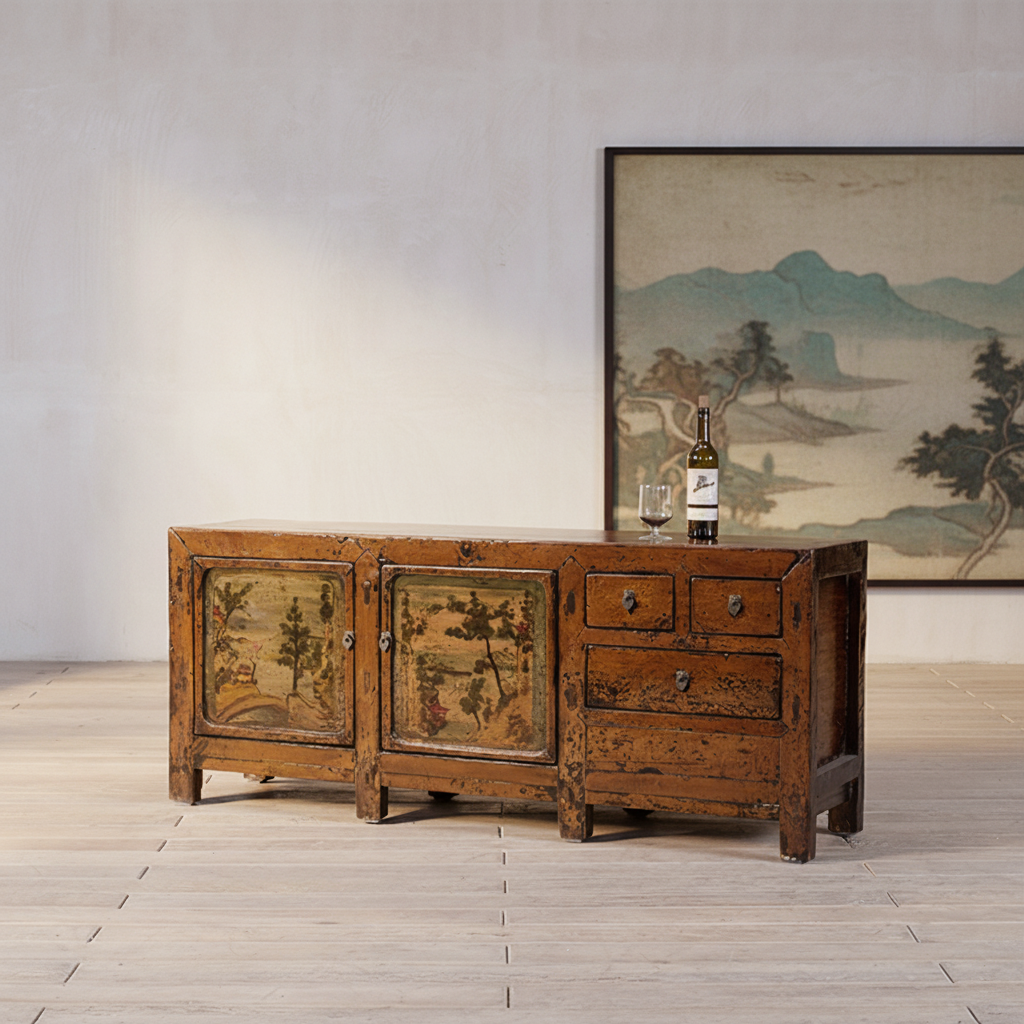 Hand-Painted Antique Wooden Credenza
