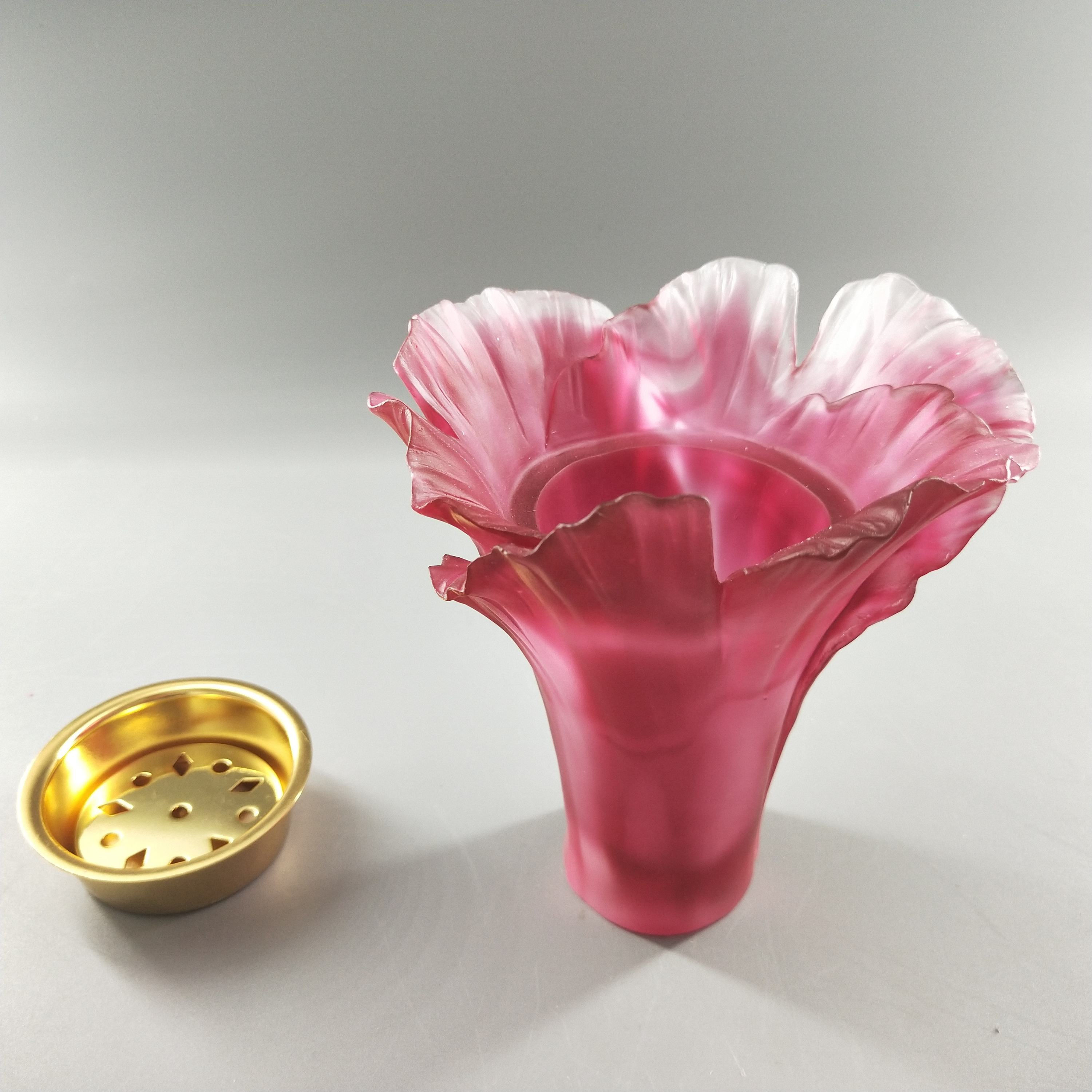 Pink Crystal Flower Incense Burner Sculpted Art Glass Bakhoor Censer