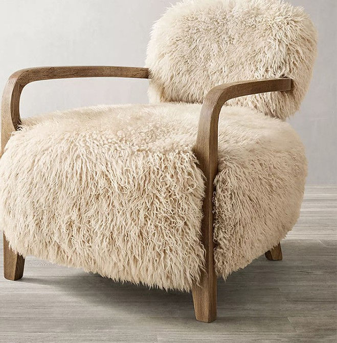 Cream Lamb Fur Accent Chair with Solid Wood Arms and Plush Cushioned Seat