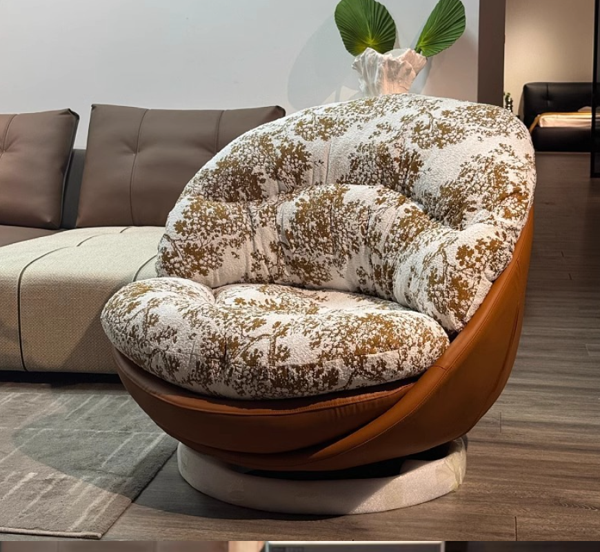 Modern Minimalist Wood and Printed Swivel Lounge Chair