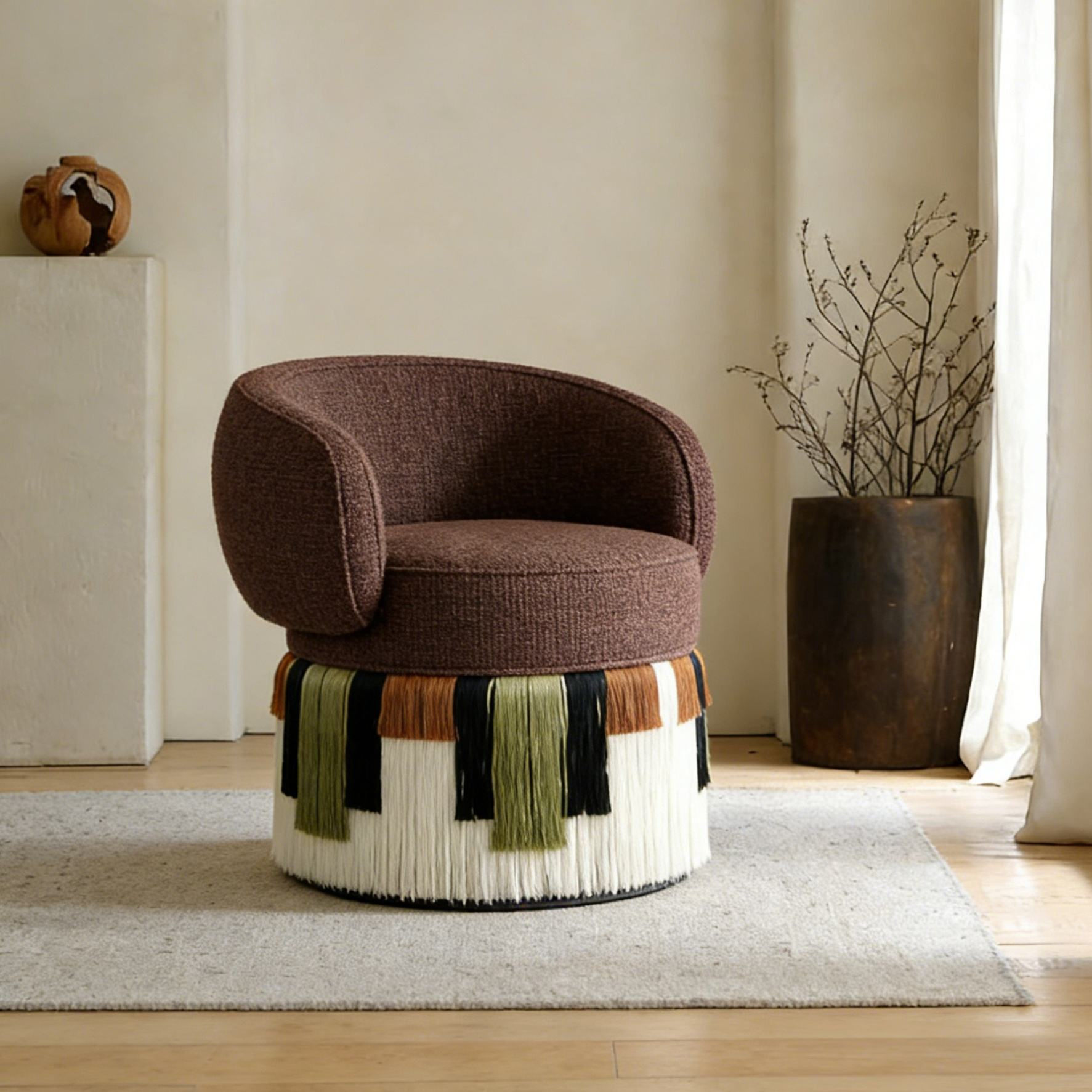 Textured Fabric Swivel Barrel Armchair Multicolor Fringe Tassel Base Accent Chai