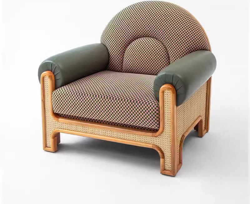 Rattan Accent Chair with Solid Wood Frame, Checkered Fabric and Padded Arms