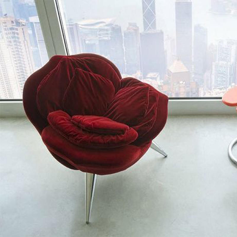 Red Velvet Flower Accent Chair with Rose Petal Back and Steel Legs