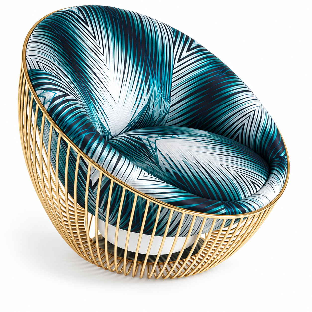 Teal Geometric Fabric Accent Chair with Gold Metal Cage Frame
