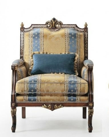 European Striped and Floral Upholstered Accent Armchair