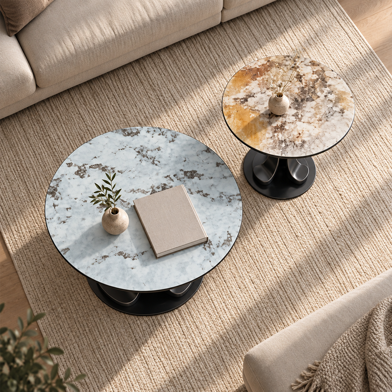 Modern Stone and Steel Coffee Table Set