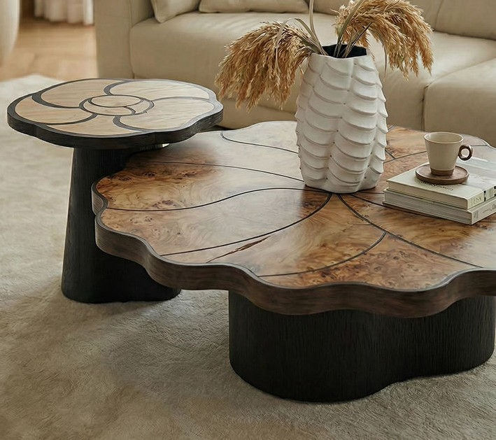 Scalloped Wood Coffee Table Set