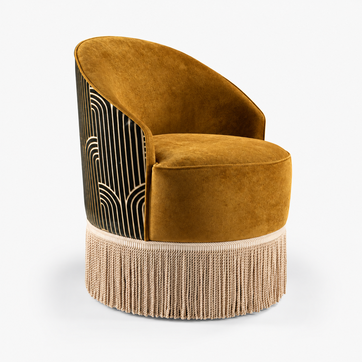 Mustard Velvet Accent Chair with Fringe, Art Deco Barrel Lounge Chair