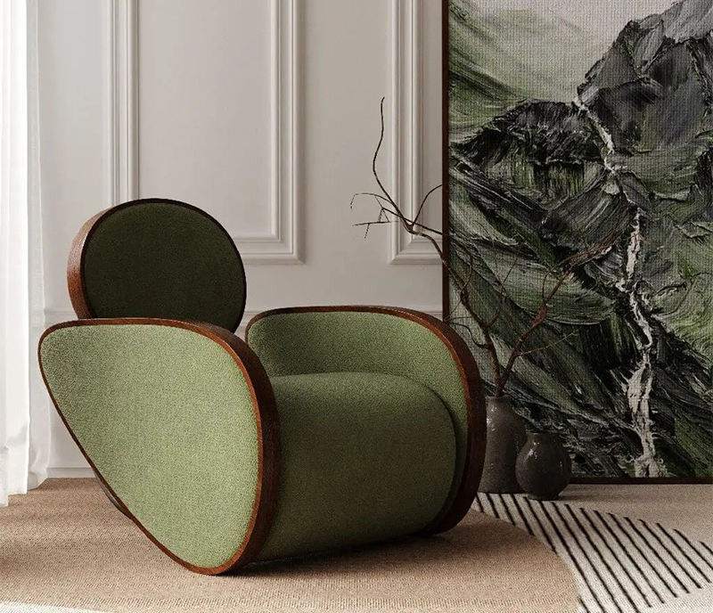 Green Boucle Accent Chair with Wood Trim and Sculptural Round Back