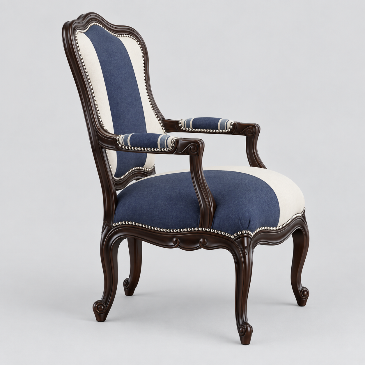 Classic Two-Tone Block Carved Wood and Linen Accent Armchair