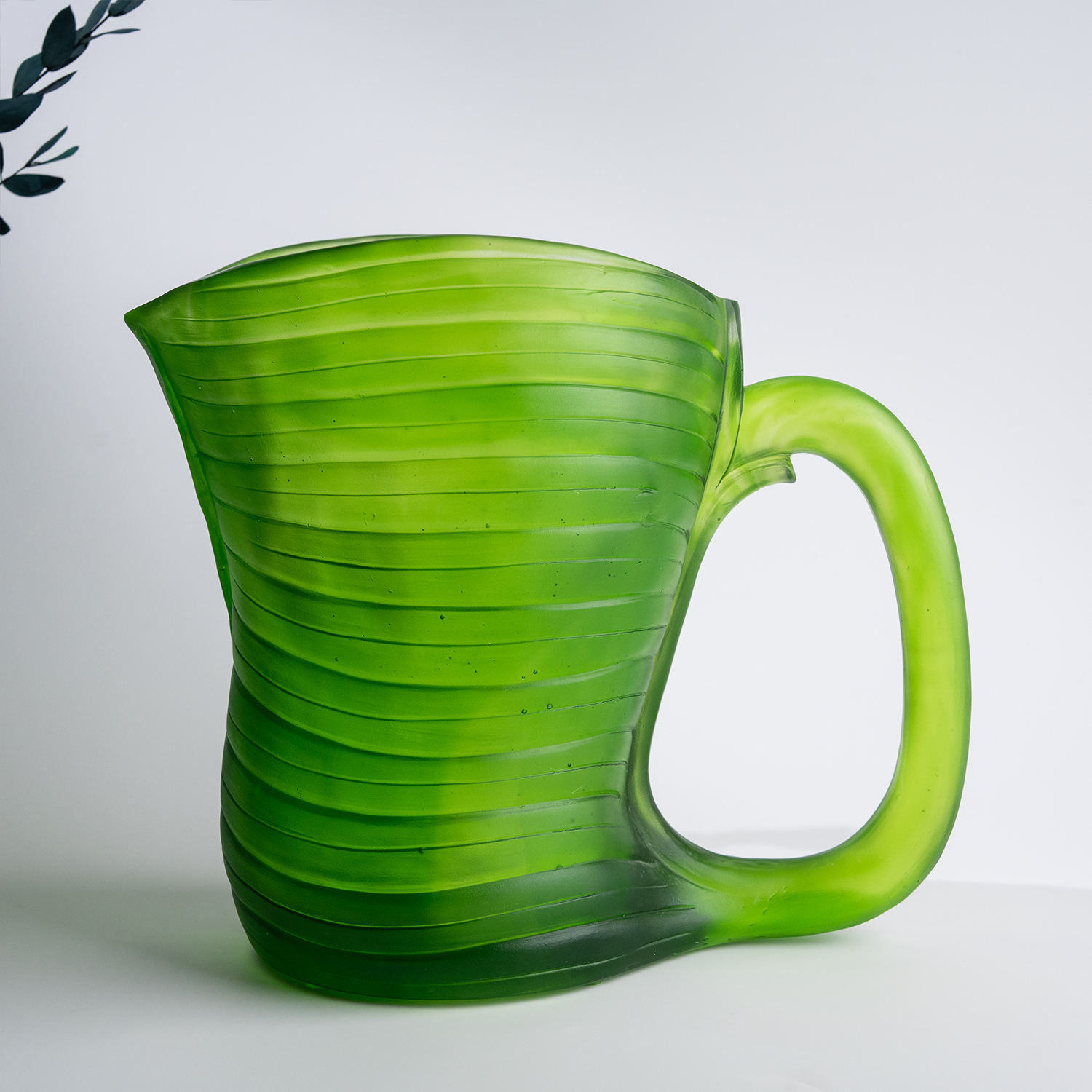Green Crystal Handled Vase Ribbed Art Glass Pitcher Centerpiece