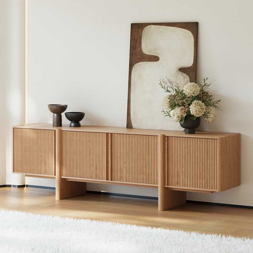 Fluted Wood TV Stand 80 Inch Modern Media Console Table Storage Cabinet