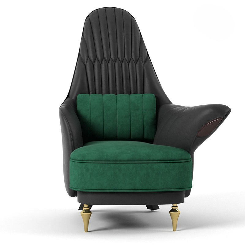Green Fabric Accent Chair with High Back, Leather Arms and Gold Legs