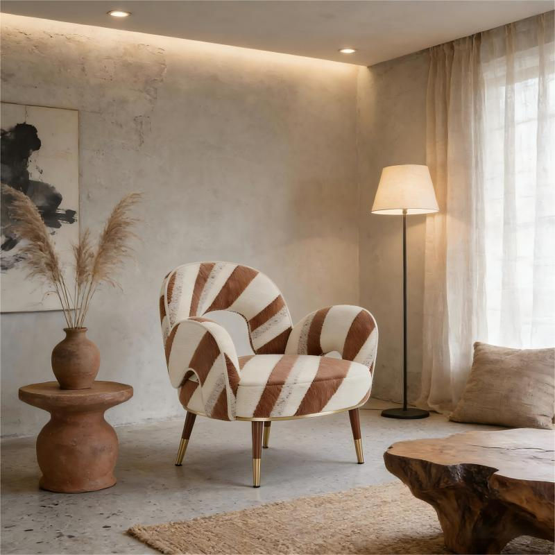 Brown and Cream Striped Velvet Accent Chair with Gold Metal Legs