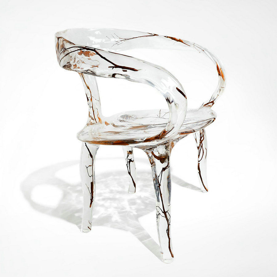 Clear Resin Dining Chair with Botanical Inlay, Transparent Accent Armchair