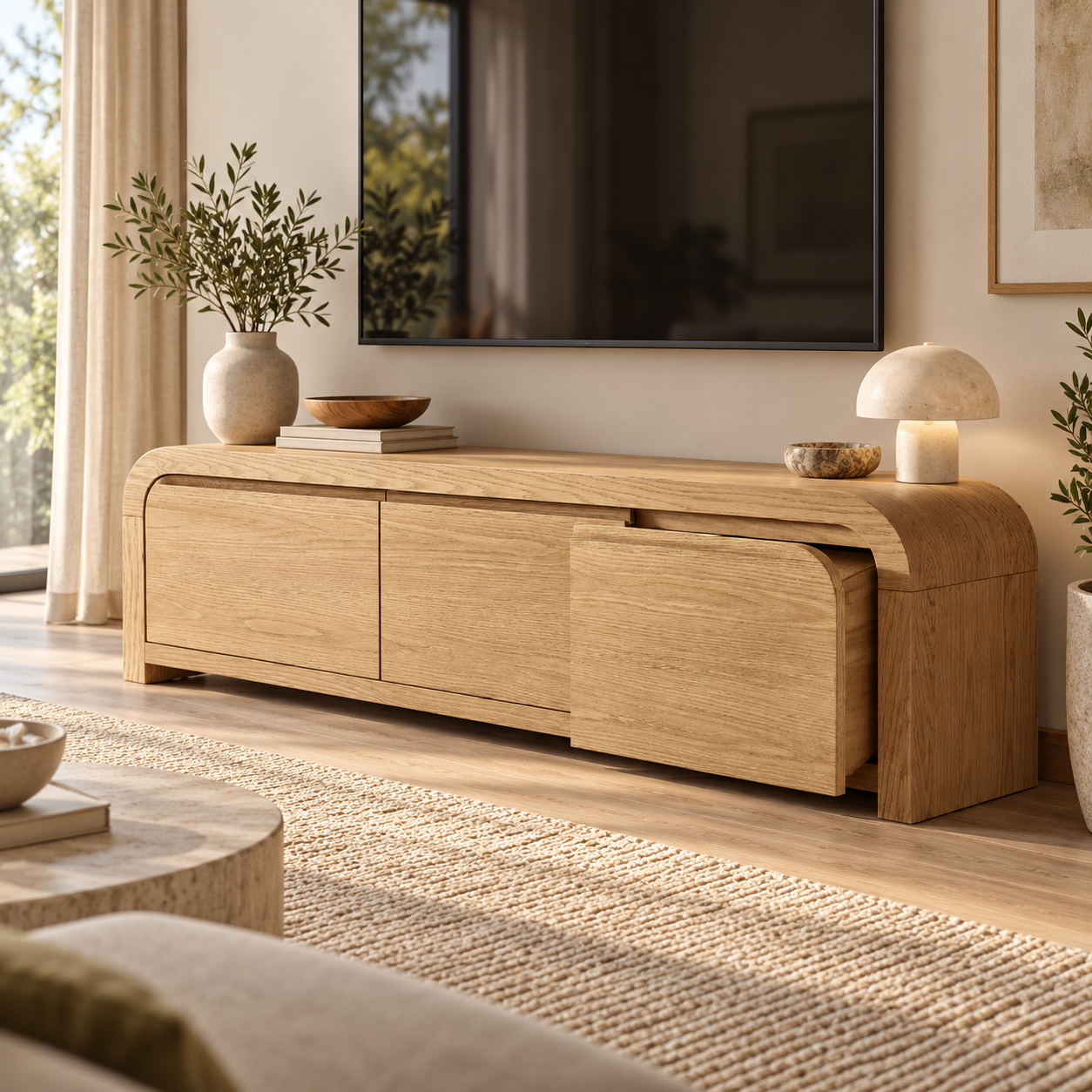 Oak Media Console Curved Waterfall TV Stand 3 Drawer Entertainment Center
