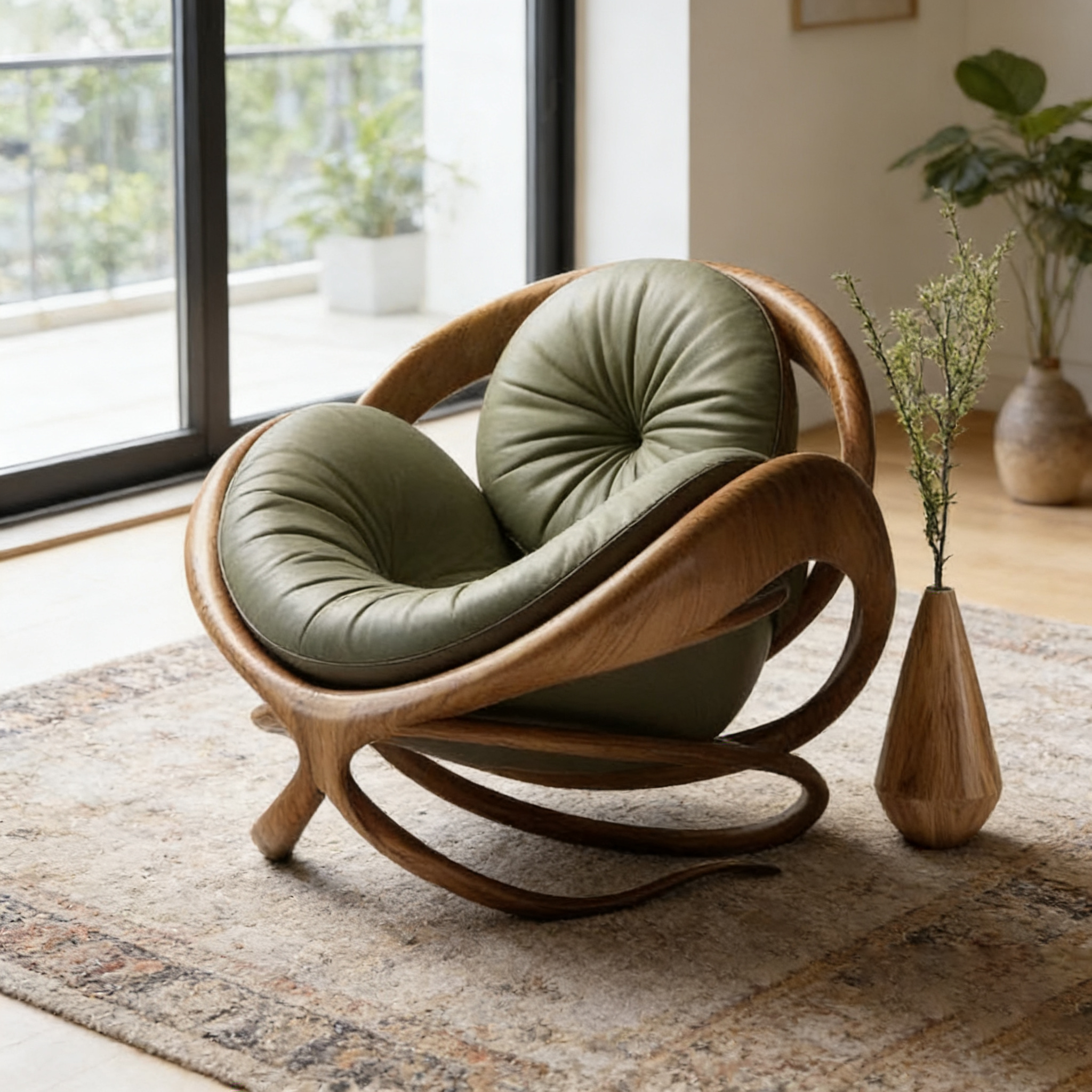 Olive Green Leather Rocking Chair with Sculptural Solid Wood Frame