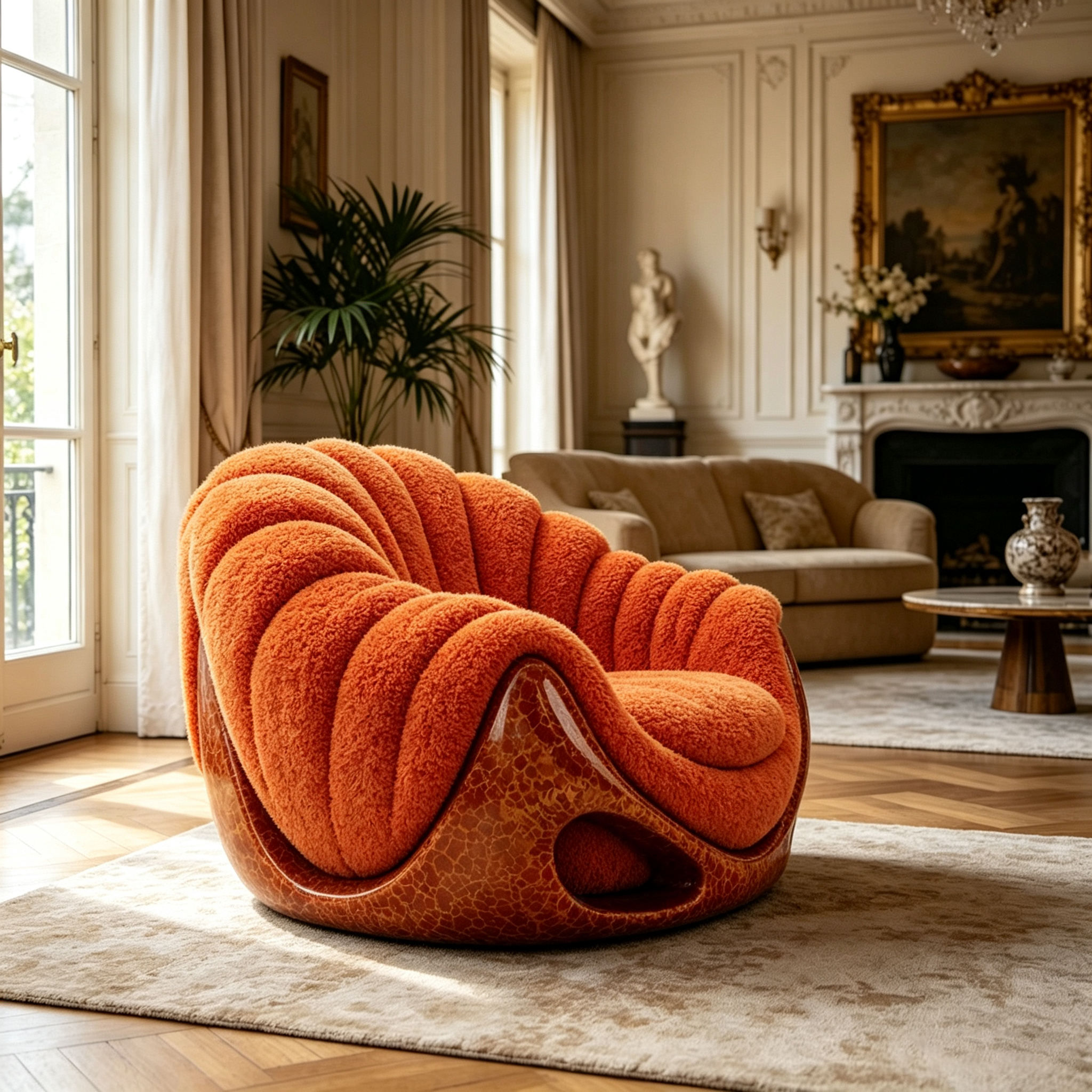 Orange Boucle Accent Chair with Sculptural Fiberglass Shell and Curved Back