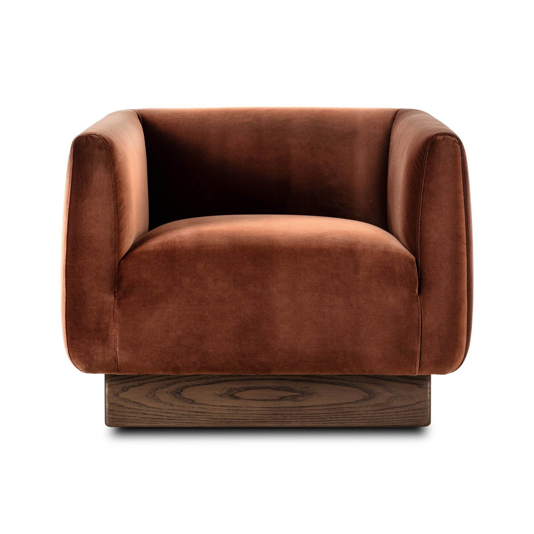 Rust Brown Velvet Accent Chair, Modern Upholstered Lounge Chair with Wood Base
