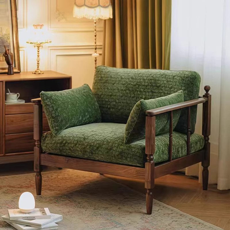 Green Upholstered Accent Chair with Wood Frame, Vintage Lounge Armchair