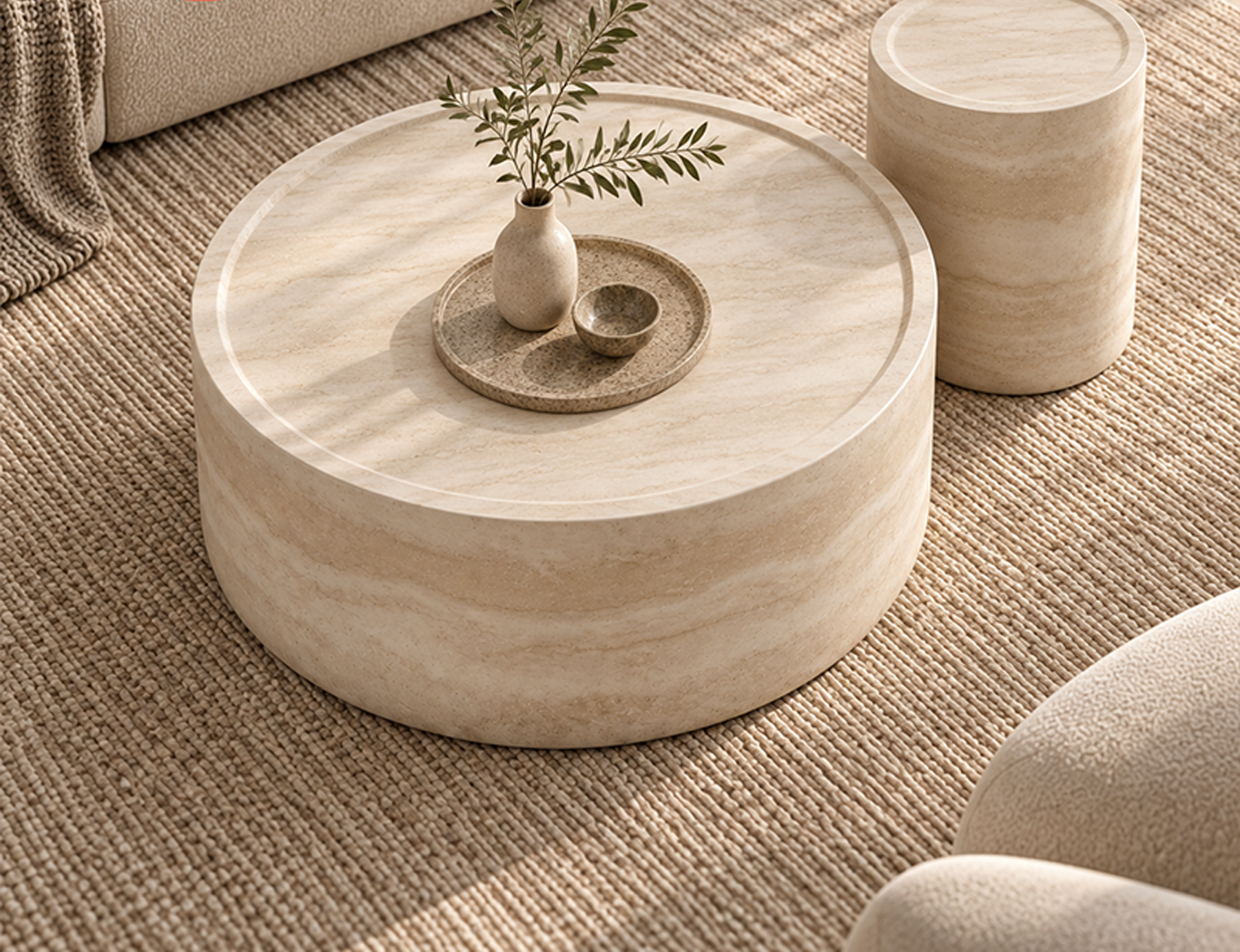 Faux Travertine Cylinder Coffee Table Set