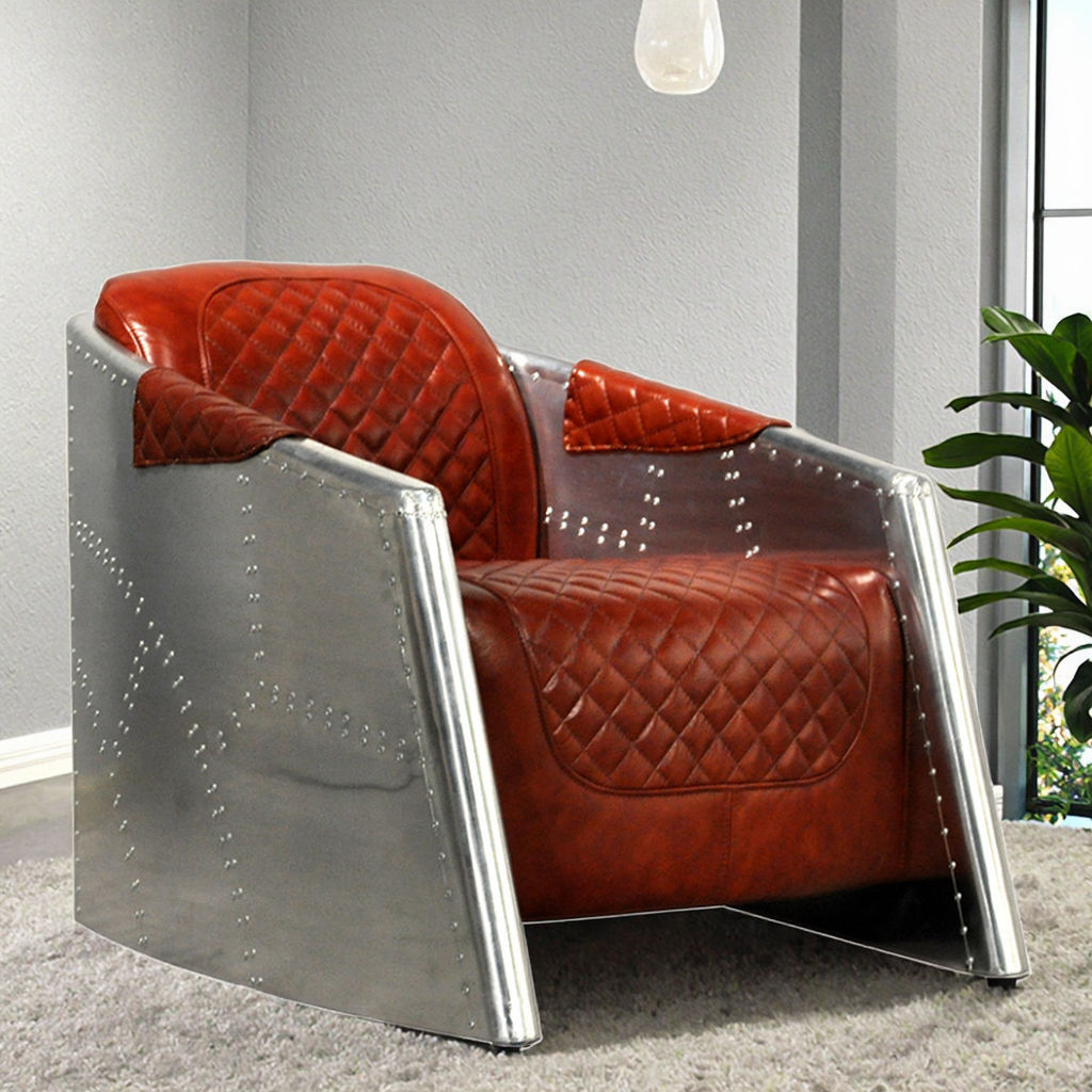 Brown Leather Accent Chair with Quilted Seat and Riveted Aluminum Sides