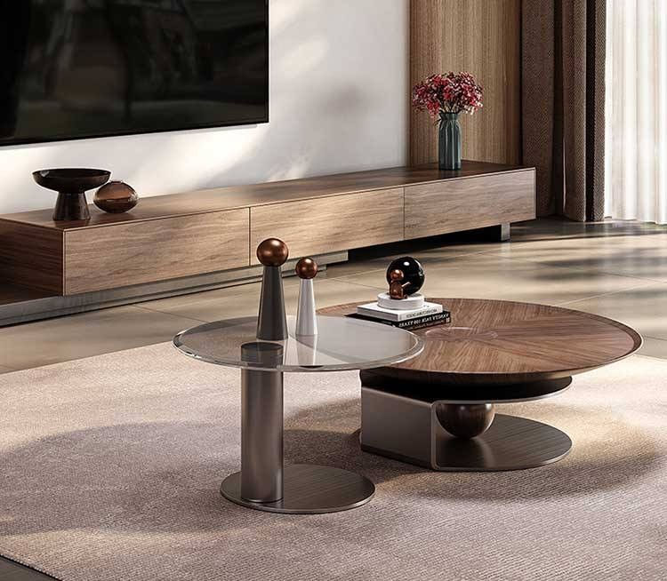 Sphere Base Wood and Glass Coffee Table Set