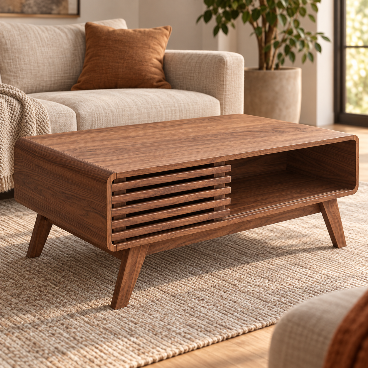 Mid Century Modern Sliding Door Walnut Coffee Table
