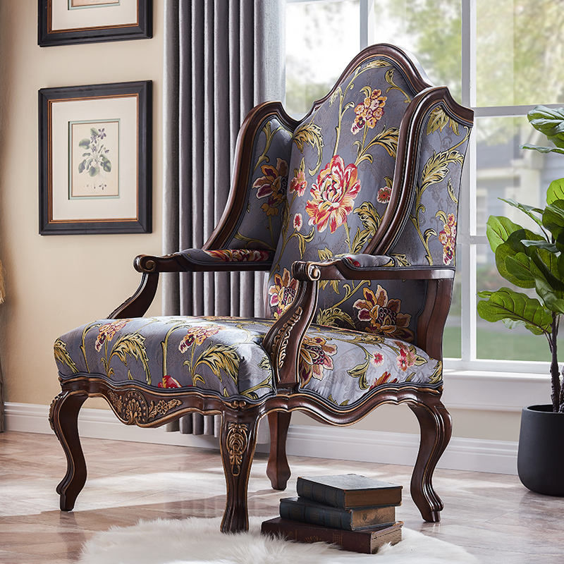 Classic Carved Wooden Floral Upholstered Living Room Chair