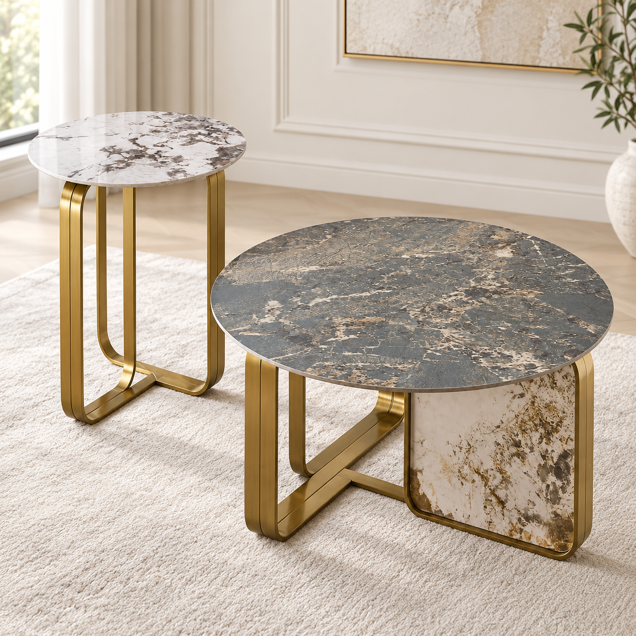 Modern Stone and Stainless Steel Center Coffee Table