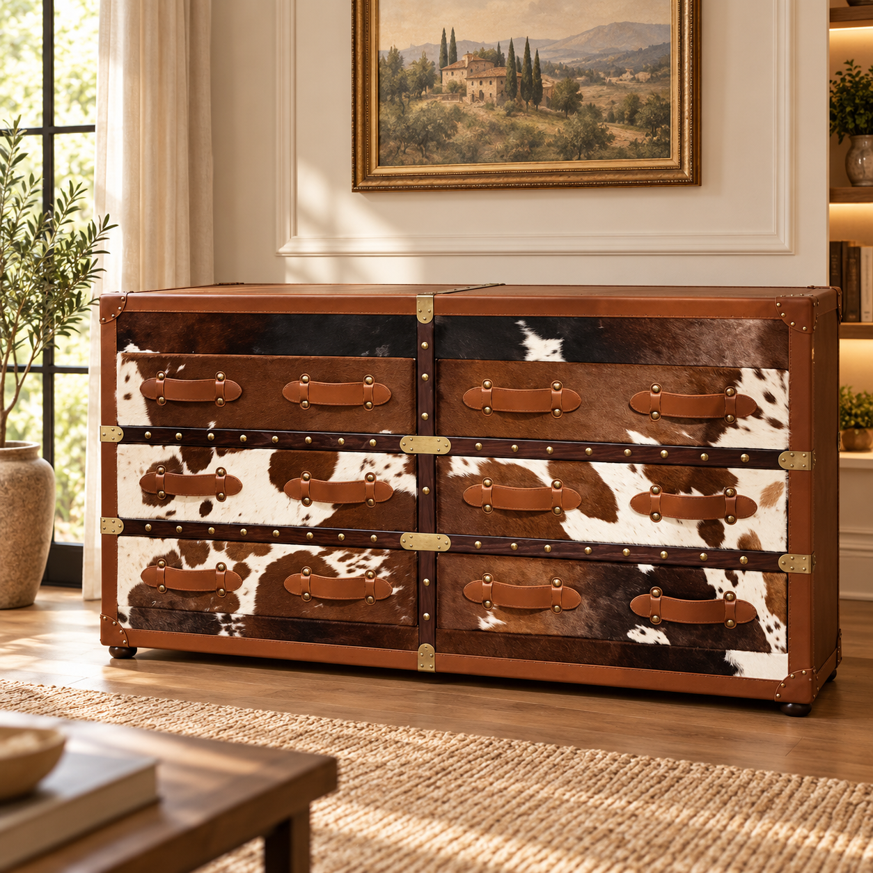 Rustic Cowhide and Leather Accent Dresser