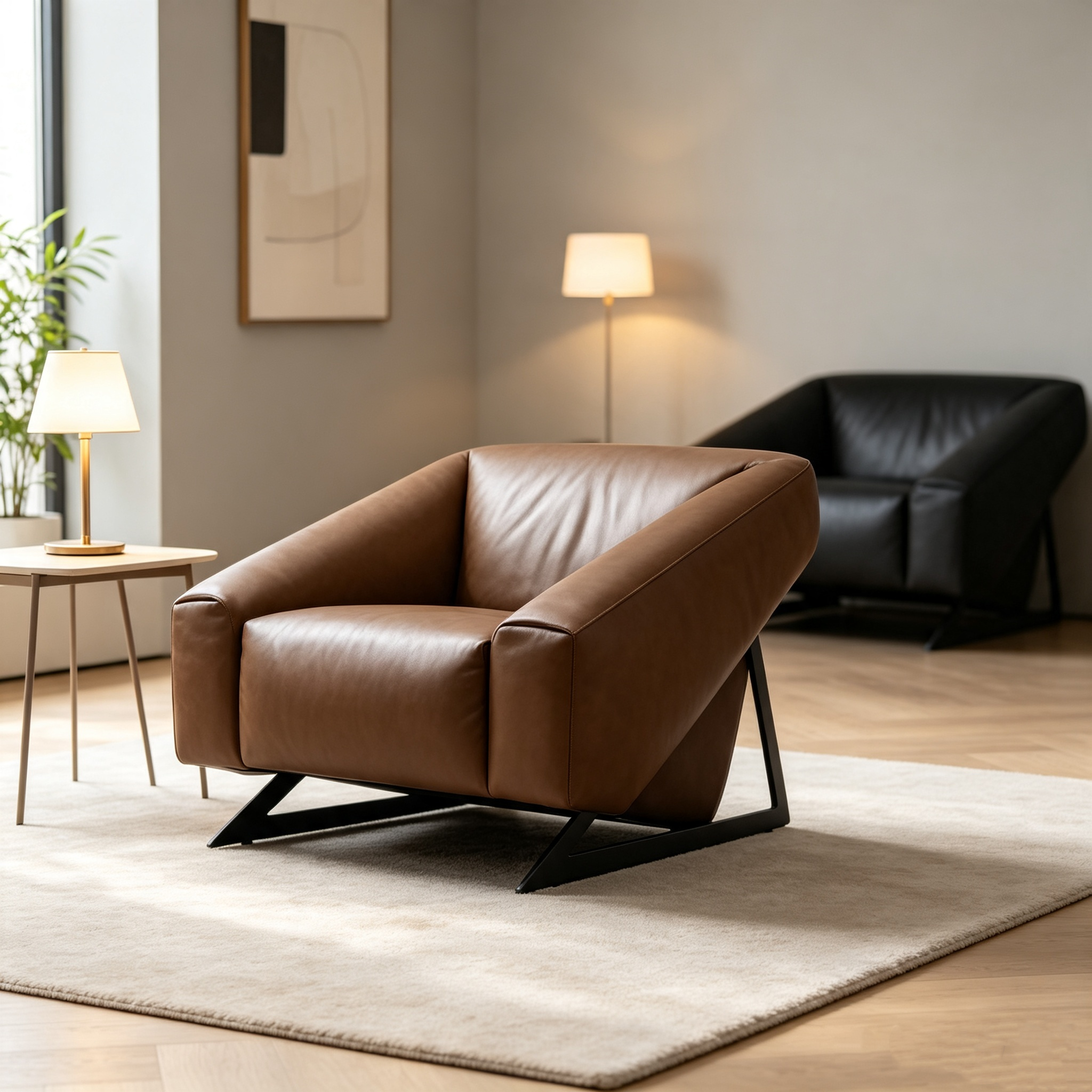 Brown Genuine Leather Accent Chair with Curved Arms and Metal Base