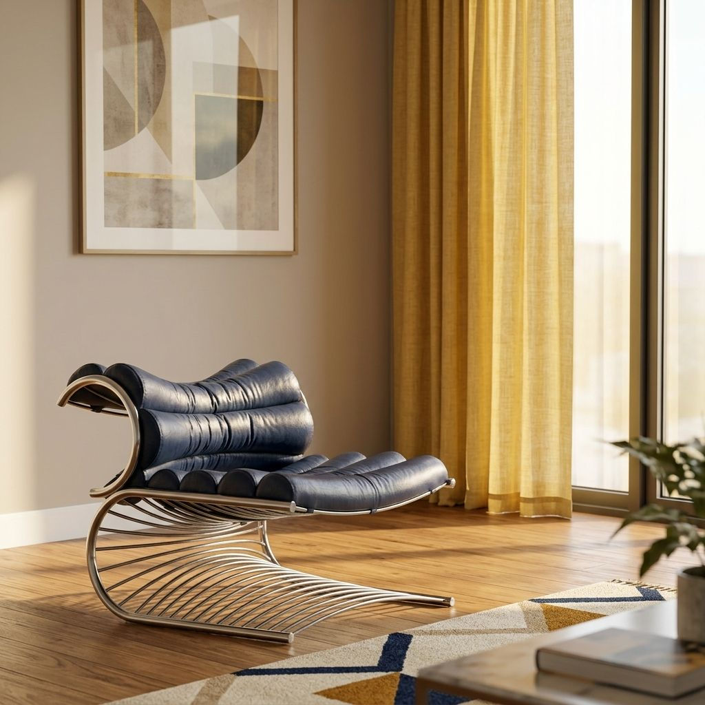 Blue Upholstered Lounge Chair with Sculptural Stainless Steel Wire Frame
