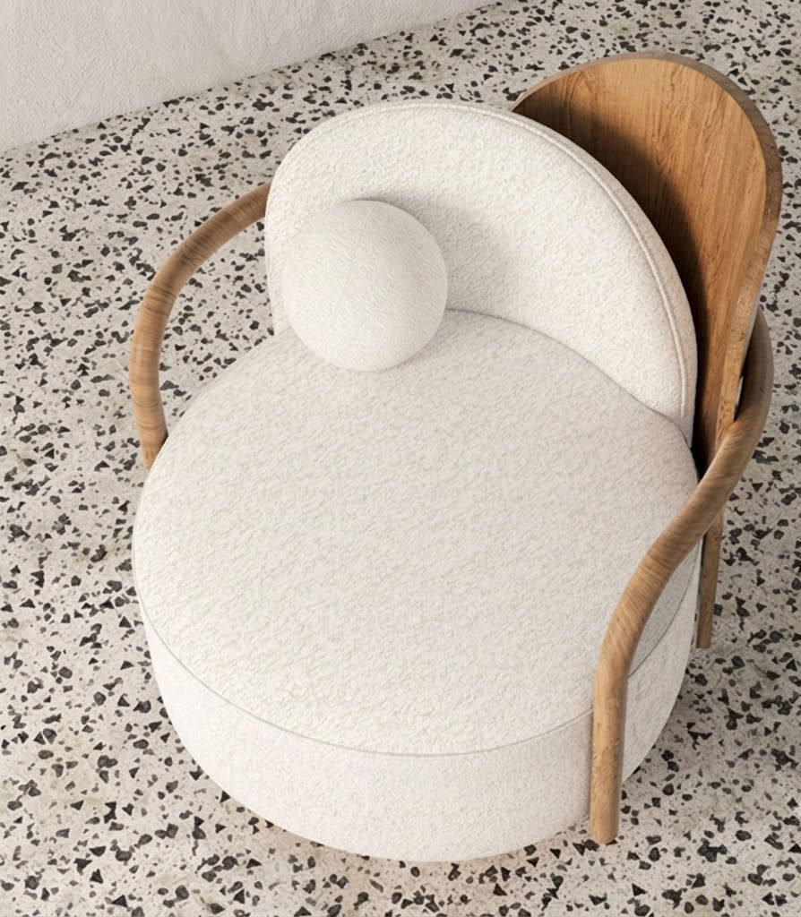 Cream Boucle Accent Chair with Curved Wood Frame and Round Seat