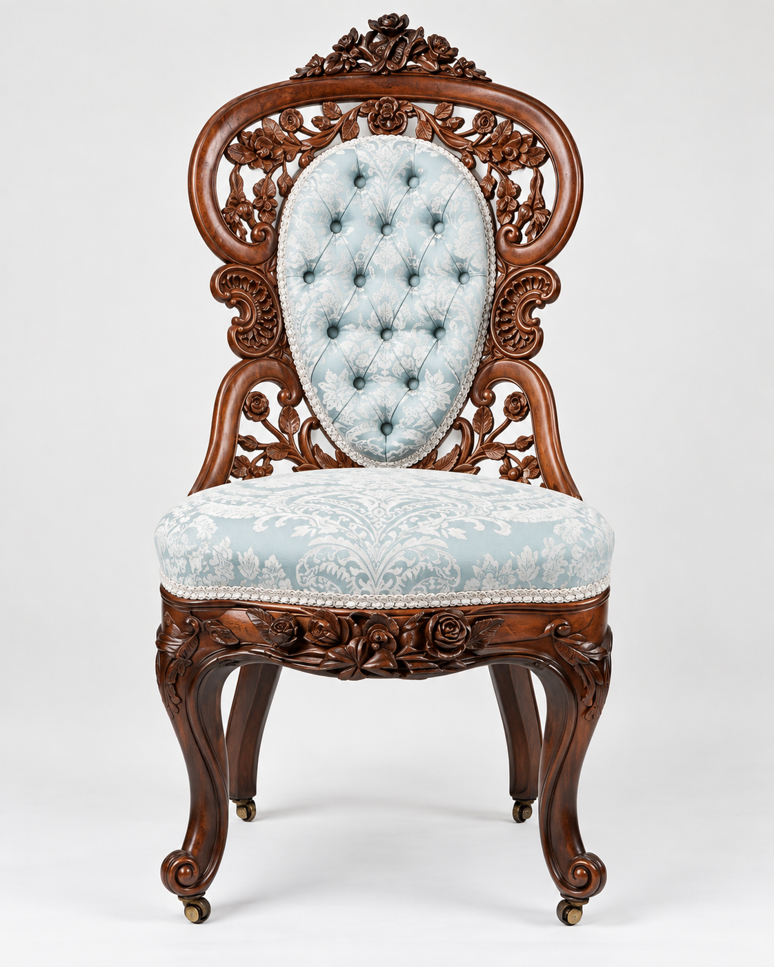Victorian Carved Wood Accent Chair Tufted Blue Side Chair