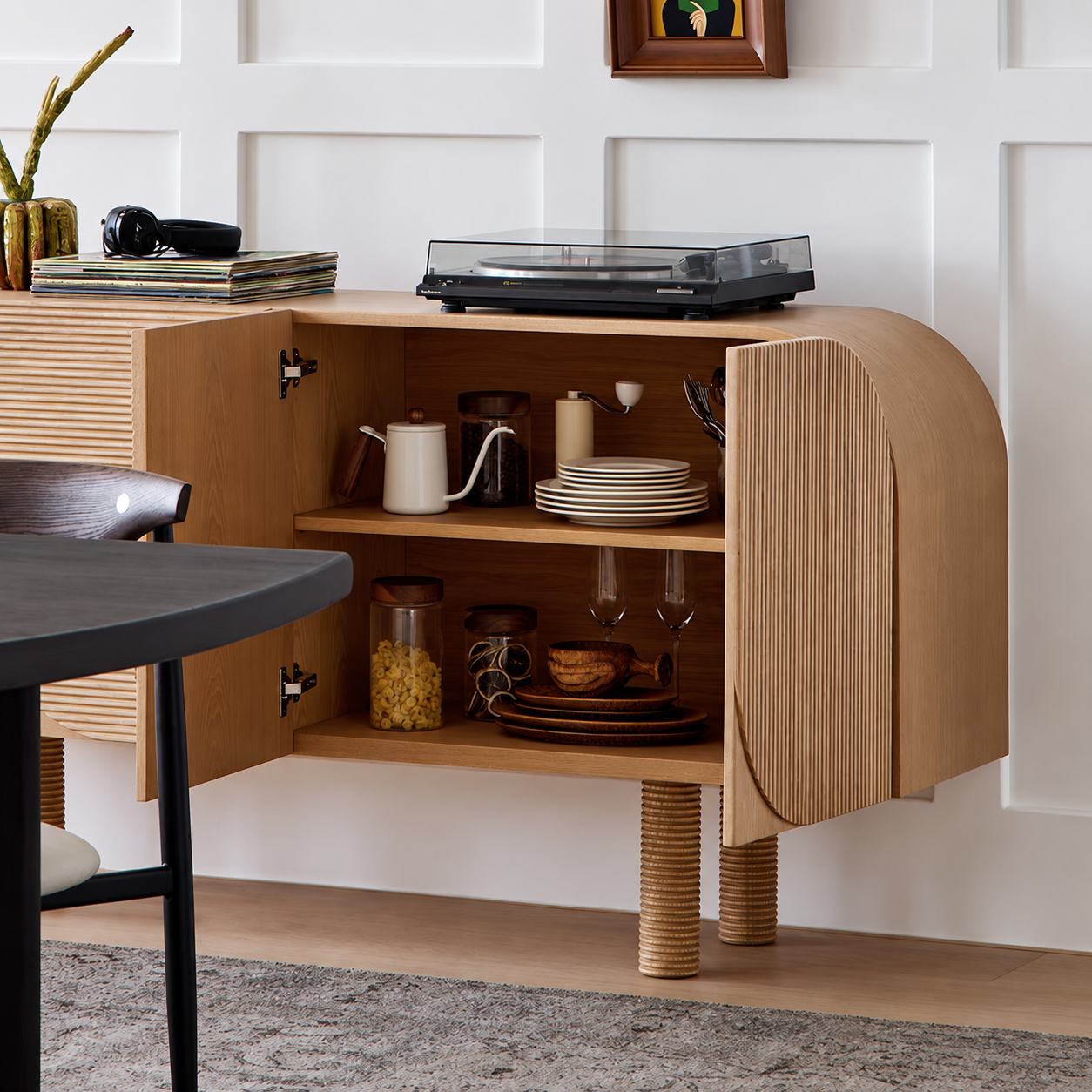 Fluted-Panel Light Wood Credenza