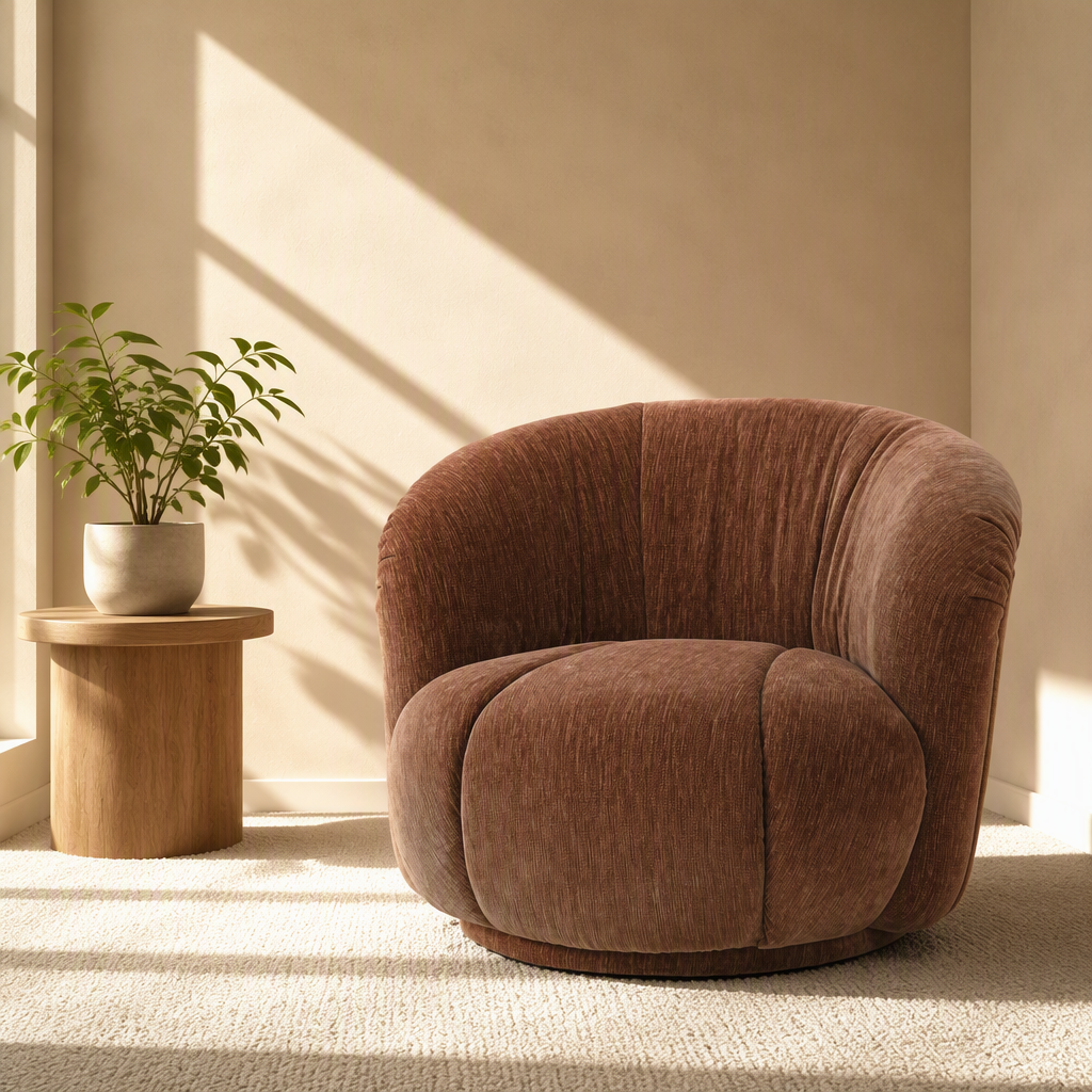 Nordic Style Tobacco Ribbed Swivel Barrel Chair