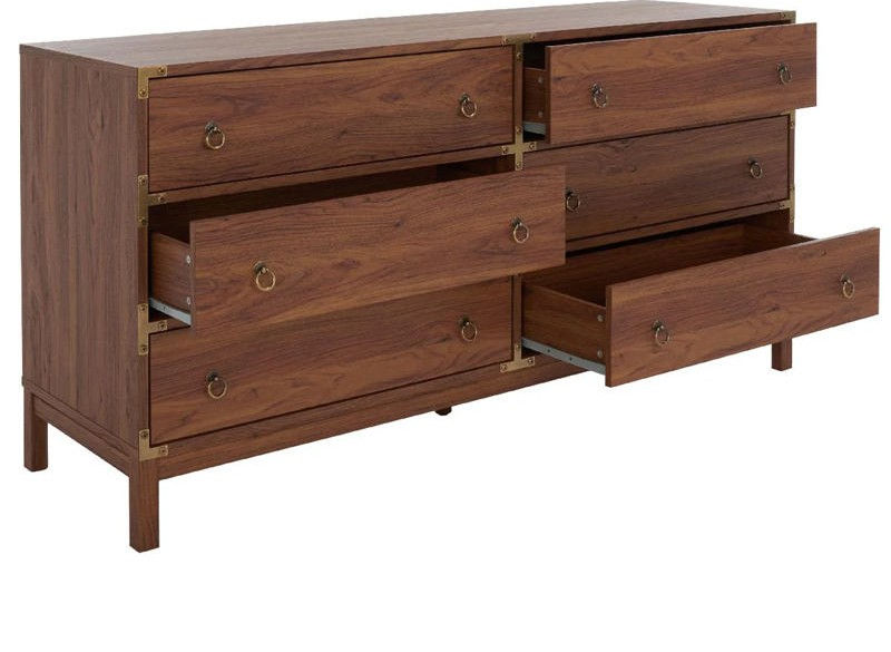 Brass-Cornered Walnut 6-Drawer Dresser