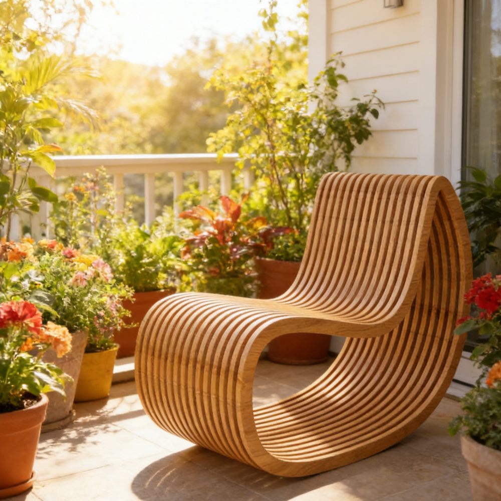 Slatted Wood Lounge Chair with Sculptural Loop Frame and Curved Seat