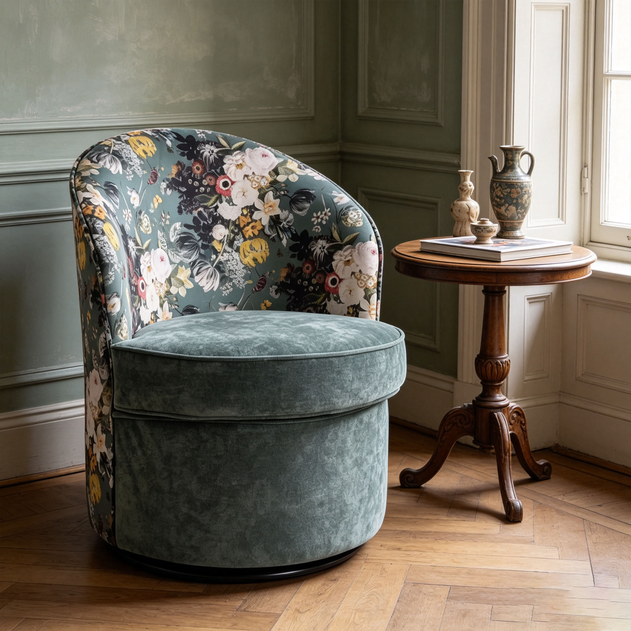 Modern Floral Print Swivel Accent Armchair